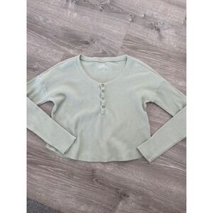 Hollister‎ Sage Green Waffle Knit Henley Thermal Long Sleeve Cropped Top XS